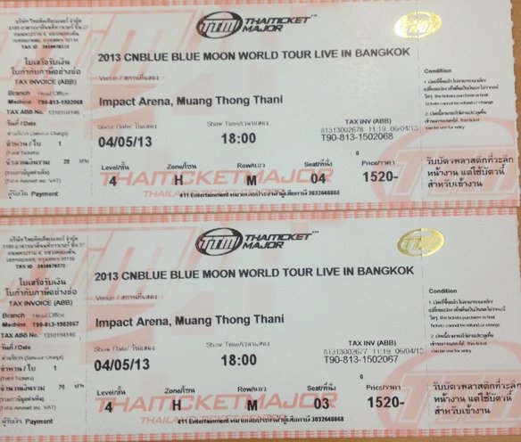 บัตรคอนเสิร์ต CNBLUE BLUE MOON 2013 โซนH แถวM 2ใบ รูปที่ 2