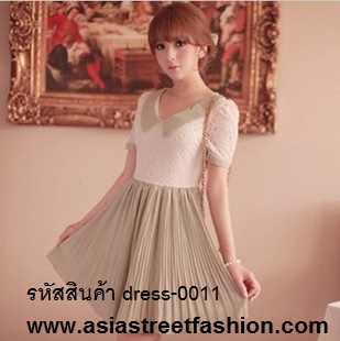 dress ชุดเดรส แขนสั้น ใส่ทำงาน ใสเที่ยว ผ้าลูกไม้ตัดต่อชีฟอง สีครีม + สีเขียว คอปก กระโปรงอัดพลีท ซับในเต็มตัว น่ารัก Asia Street Fashion (พร้อมส่ง รูปที่ 1