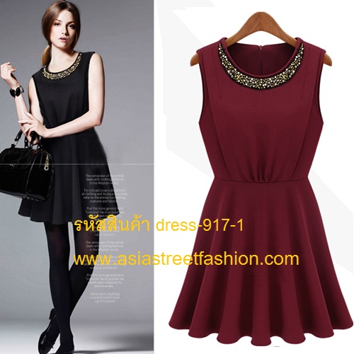 dress ชุดเดรสแขนกุด สีแดง คอกลม แฟชั่นเกาหลี สาวมั่น ใส่ทำงาน ผ้า Cotton แต่งลูกปัดคอเสื้อ Asia Street Fashion (พรีออเดอร์) รูปที่ 1