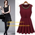 dress ชุดเดรสแขนกุด สีแดง คอกลม แฟชั่นเกาหลี สาวมั่น ใส่ทำงาน ผ้า Cotton แต่งลูกปัดคอเสื้อ Asia Street Fashion (พรีออเดอร์)