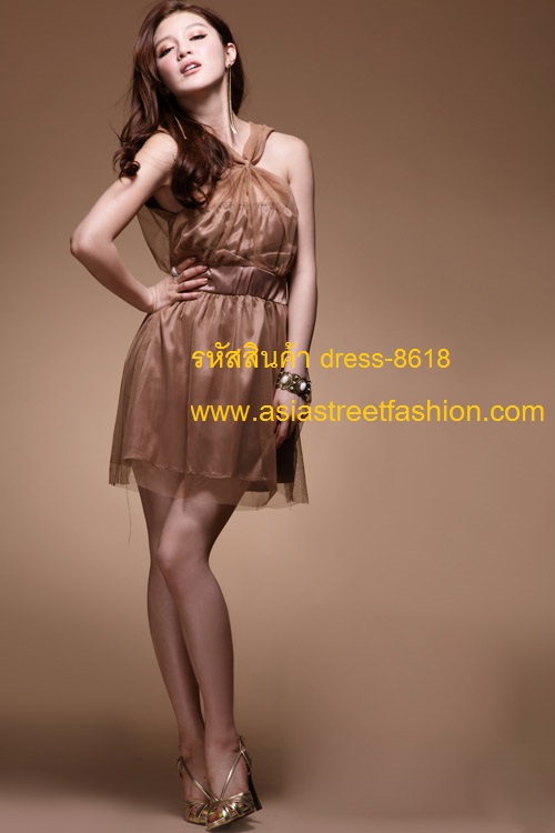 dress ชุดเดรสแฟชั่นใส่ทำงาน แขนกุด สีส้ม-ขาวครีม คอกลม ผ้าคอตตอน แต่งระบายรอบเอว น่ารักมากๆ จ้า Asia Street Fashion (พรีออเดอร์) รูปที่ 2