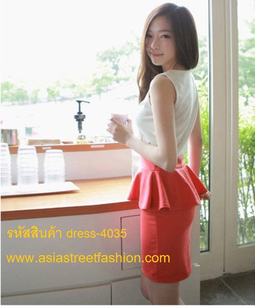 dress ชุดเดรสแฟชั่นใส่ทำงาน แขนกุด สีส้ม-ขาวครีม คอกลม ผ้าคอตตอน แต่งระบายรอบเอว น่ารักมากๆ จ้า Asia Street Fashion (พรีออเดอร์) รูปที่ 1