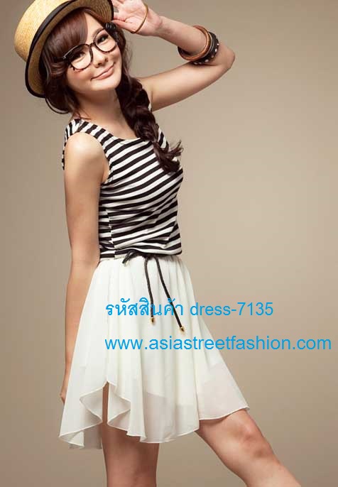dress ชุดเดรสแฟชั่นแขนกุด คอกลม ผ้าคอตตอน + ชีฟอง ลายขวางสีดำ ขาว จั๊มเอว ใส่ทำงาน ใส่เที่ยว น่ารัก Asia Street Fashion (พร้อมส่ง) รูปที่ 1