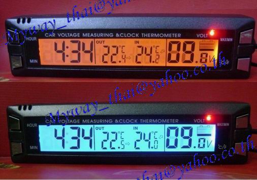 ขายนาฬิกาติดรถยนต์จอ พร้อมวัดอุณหภูมิ แรงดันไฟฟ้า (โวลต์) ในแบตเตอรี่ จอมีไฟเรืองเเสงสีฟ้า/ส้ม (เปลี่ยนสีไปมาได้) รูปที่ 1