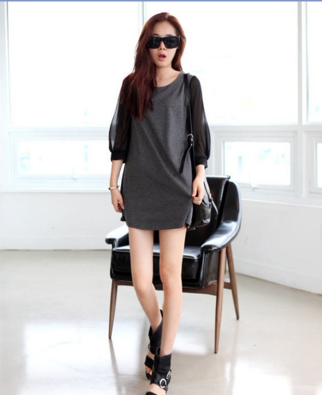 เดรส/เสื้อตัวยาวสีเทา ตัดต่อแขนชีฟอง รูปที่ 2