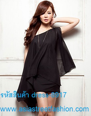 dress เดรสสั้นแฟชั่นเกาหลี สีดำ เปิดไหล่ ผ้าคอตตอน + ชีฟอง ใส่ออกงาน สวย เซ็กซี่มากๆ ค่ะ Asia Street Fashion (พร้อมส่ง) รูปที่ 1