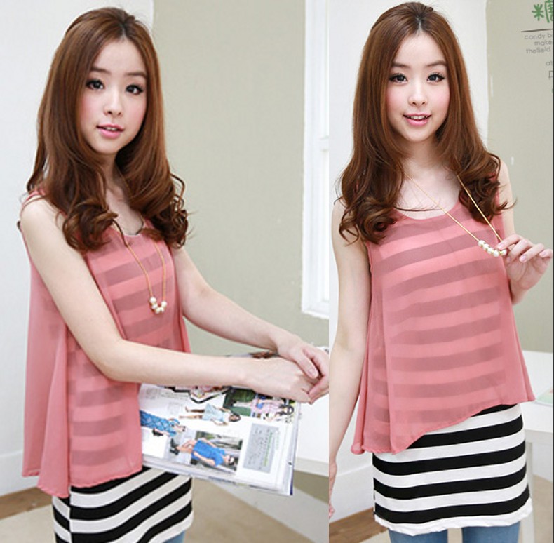 เสื้อชีฟองสีชมพู พร้อมเสื้อแขนกุดลายขวาง สีขาว-ดำ พร้อมส่ง รูปที่ 3