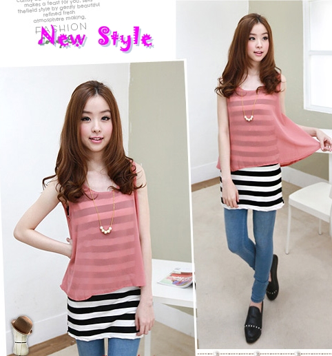 เสื้อชีฟองสีชมพู พร้อมเสื้อแขนกุดลายขวาง สีขาว-ดำ พร้อมส่ง รูปที่ 4