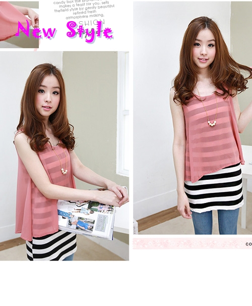 เสื้อชีฟองสีชมพู พร้อมเสื้อแขนกุดลายขวาง สีขาว-ดำ พร้อมส่ง รูปที่ 5