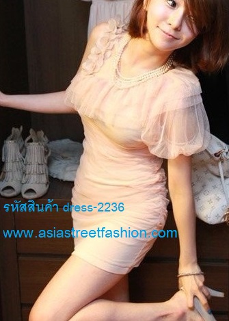 dress เดรสเกาะอกผ้าลูกไม้แต่งระบายที่อก ใส่ไปงานแต่งงาน กระโปรงผ้ายืดสีชมพูแต่งเงินวิบวับ ทับด้วยผ้ามุ้งชั้นนอก ใส่ออกงานสวยมากค่ะ Asia Street Fashion (พร้อมส่ง)  รูปที่ 5