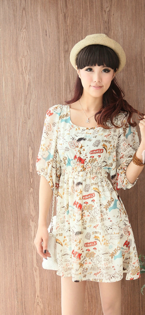 เสื้อเดรสสั้นลายสตรีการ์ตูนกราฟฟิค เวอร์ชั่นเกาหลี พร้อมส่ง รูปที่ 5