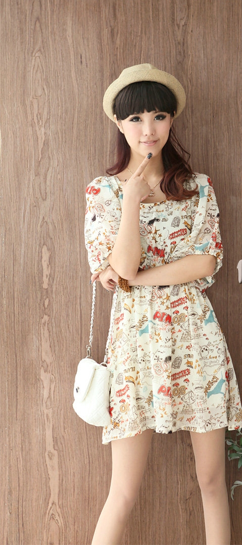 เสื้อเดรสสั้นลายสตรีการ์ตูนกราฟฟิค เวอร์ชั่นเกาหลี พร้อมส่ง รูปที่ 4