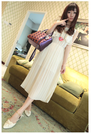 ชุดพีชยาว แขนกุด สีเหลืองอ่อน พร้อมส่ง รูปที่ 2