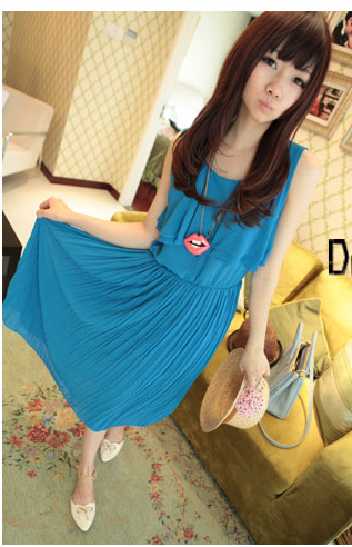 ชุดพีชยาว แขนกุด สีฟ้าน้ำเงิน พร้อมส่ง รูปที่ 6