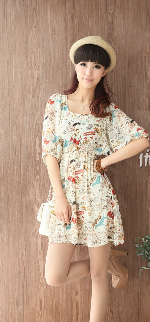 เสื้อเดรสสั้นลายสตรีการ์ตูนกราฟฟิค เวอร์ชั่นเกาหลี พร้อมส่ง รูปที่ 3