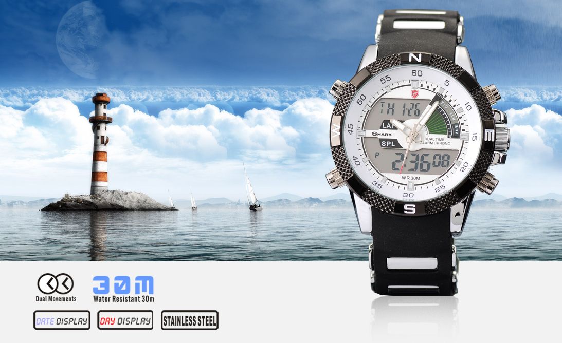 SH07 SHARK Analog Digital Date Dispaly Mens Sport Quartz Rubber Military Watch + Box รูปที่ 1
