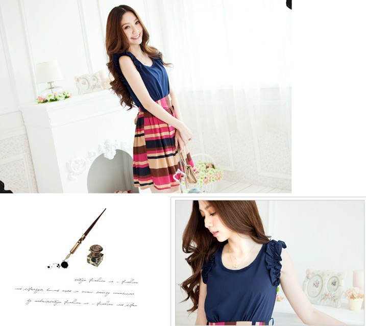 ชุดเดรสแขนกุด ผ้าชีฟอง (สีน้ำเงิน) พร้อมส่ง รูปที่ 3