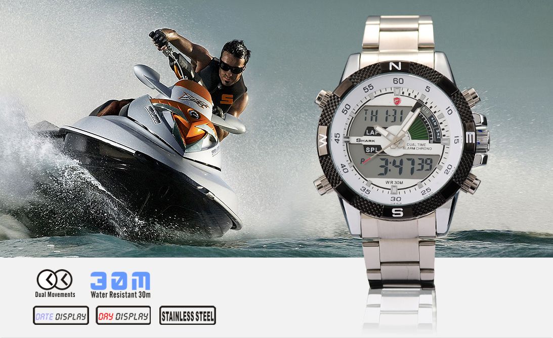 SH08 New SHARK LCD Digital Date Alarm Chronograph Quartz Steel Men Sport Watch Gift รูปที่ 1