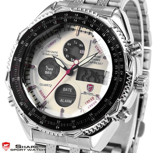 H09 SHARK LCD Analog Date Day Stopwatch Men Stainless Steel Sport Quartz Watch GBH รูปที่ 1