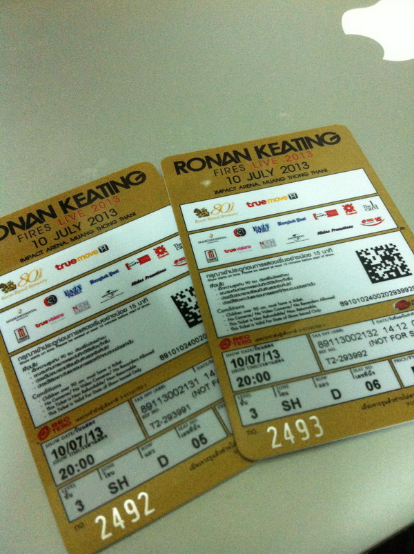 ขายบัตร RONAN KEATING FIRES LIVE 2013 โซน SH เเถว D ที่นั่ง' 05 กับ 06 รูปที่ 3