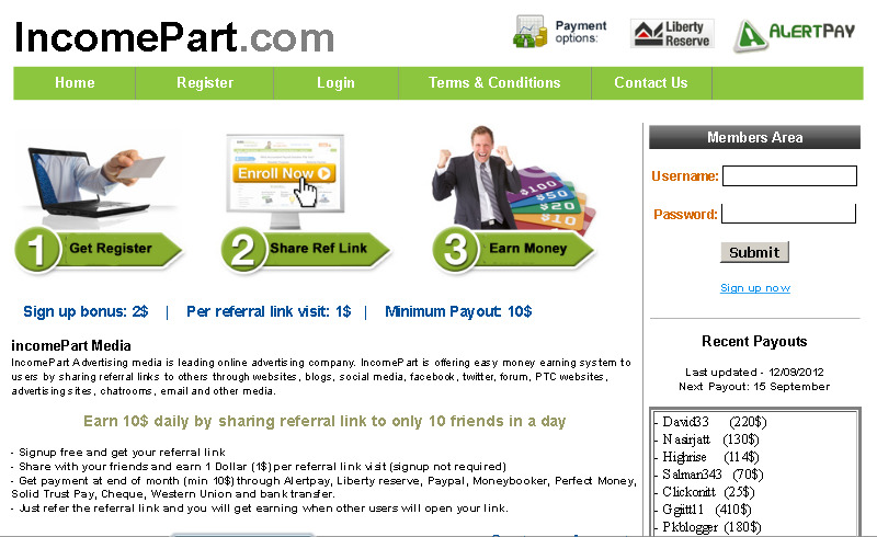 incomepart earn money by referral links - 1$ per visit รูปที่ 1