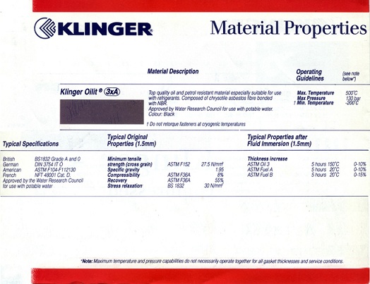 ปะเก็นแผ่นใยหินกันน้ำมัน oil resistant asbestos gasket หรือ oil resistant asbestos jointing sheet  ยี่ห้อ klinger oilit รูปที่ 1