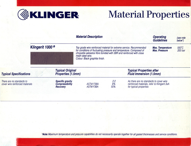 ปะเก็นแผ่นใยหินเสริมไส้ลวด klingerit 1000  หรือ klingerit 1000 wire reinforced asbestos gasket sheet หรือ asbestos jointing sheet with wire reinforced  รูปที่ 2