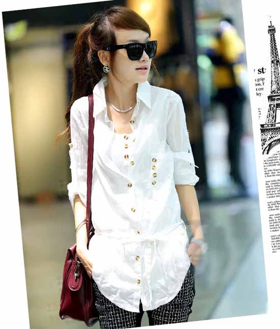 เสื้อเชิ้ต Korean Blouses แฟชั่นเกาหลี นำเข้า สีขาว - พรีออเดอร์BI8856 รูปที่ 1