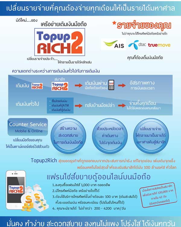 Topup2rich..มิติใหม่ของเครือข่ายเติมเงินมือถือ เปลี่ยนรายจ่ายประจำ ให้เป็นรายได้ หลักแสน รูปที่ 1