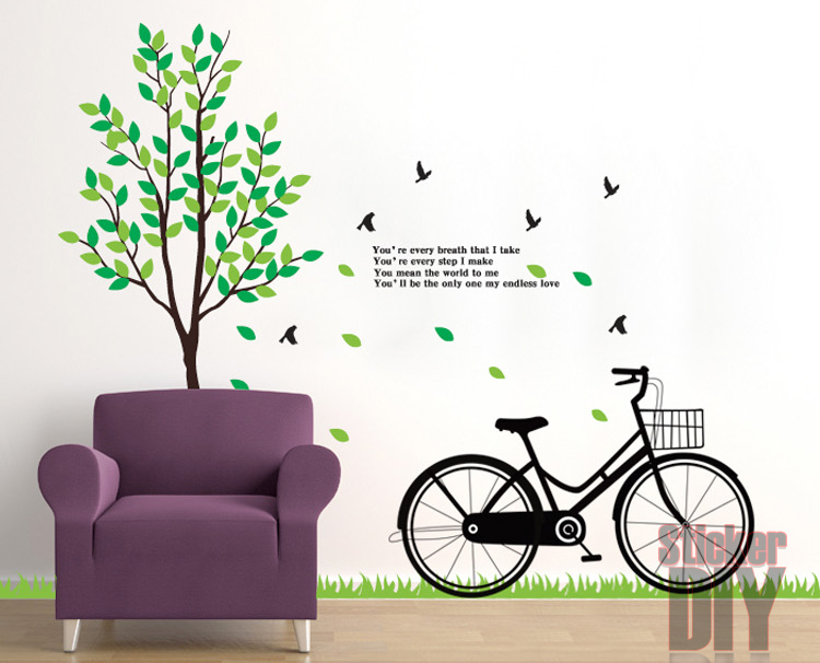 BigSize AY สติ๊กเกอร์ติดผนัง จักรยานใต้ร่มไม้ (60x90cm. บรรจุ2แผ่น)** สติ๊กเกอร์ติดผนังStickerDIY.com ** รูปที่ 1