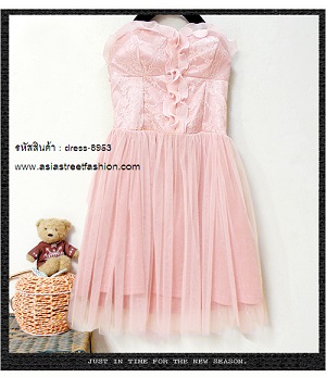 พร้อมส่ง เดรสเกาะอกผ้าลูกไม้ ใส่ไปงานแต่งงาน สีชมพู ออกงาน รูปที่ 4