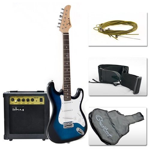Full Size Blue Electric Guitar with Amp, Case and Accessories Pack Beginner Starter Package ( Sky Enterprise USA guitar Kits ) ) รูปที่ 1