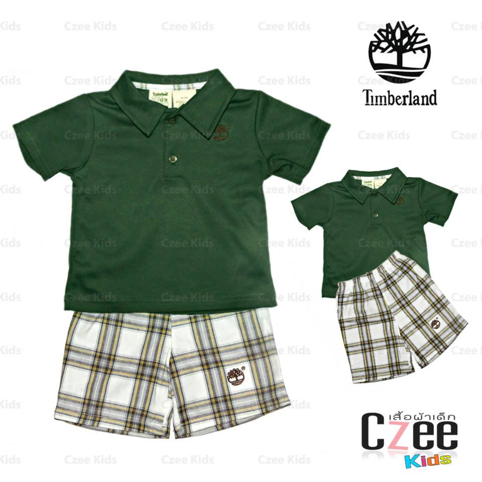 เสื้อผ้าเด็ก Timberland เสื้อโปโลสีเขียวเข้ม พร้อมกางเกงขาสั้นลายสก๊อต (Timberland) รูปที่ 1