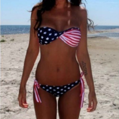 Swimsuit Zicac Sexy Stars and Stripe Strapless Padded Twisted Tie Side American Flag Swimsuit (Type Two Piece) รูปที่ 3