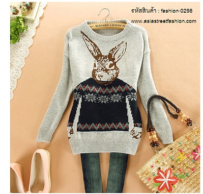 พร้อมส่ง เสื้อกันหนาวไหมพรม ลายกระต่าย คอกลม สีเทา น่ารัก รูปที่ 1