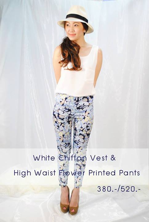 High Waist Flower Printed PantsDark Blue  กางเกงเอวสูง เนื้อผ้าคอตตอลเนื้อนิ่มมากๆคะ   รูปที่ 1