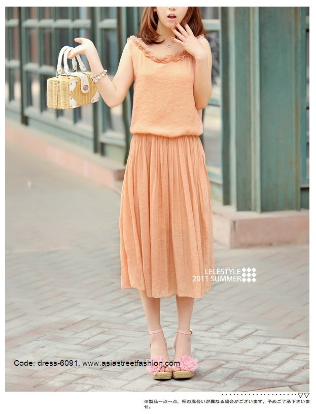 พร้อมส่ง ชุดเดรสยาว สี Apricot แต่งคอ จั๊มช่วงเอว น่ารัก รูปที่ 5