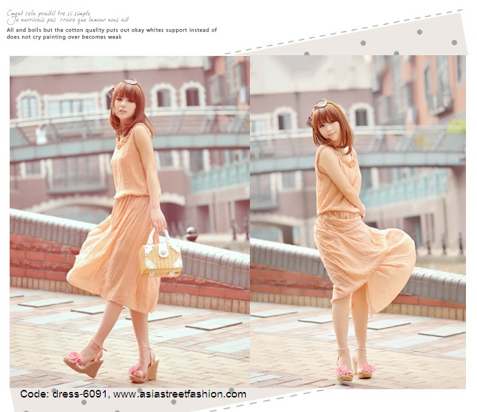 พร้อมส่ง ชุดเดรสยาว สี Apricot แต่งคอ จั๊มช่วงเอว น่ารัก รูปที่ 3
