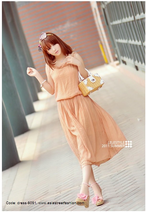 พร้อมส่ง ชุดเดรสยาว สี Apricot แต่งคอ จั๊มช่วงเอว น่ารัก รูปที่ 6