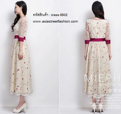 พร้อมส่ง เดรสยาว ออกงาน สีครีม จั๊มเอว งานแต่งงาน น่ารัก รูปที่ 3