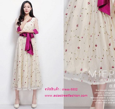 พร้อมส่ง เดรสยาว ออกงาน สีครีม จั๊มเอว งานแต่งงาน น่ารัก รูปที่ 5