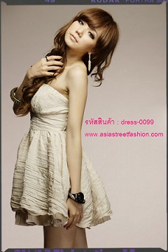 พร้อมส่ง เดรสออกงาน งานแต่ง แฟชั่น เกาะอก สีเบจ ผ้า Cotton รูปที่ 6