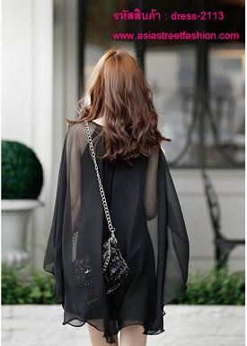 พร้อมส่ง ชุดเดรสแฟชั่นเกาหลี สีดำ ผ้า COTTON ตัดต่อผ้าชีฟอง  รูปที่ 3