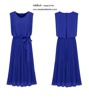 พร้อมส่ง ชุดเดรสยาวแขนกุด สีน้ำเงิน ผ้าชีฟอง กระโปรงอัดพลีท รูปที่ 5