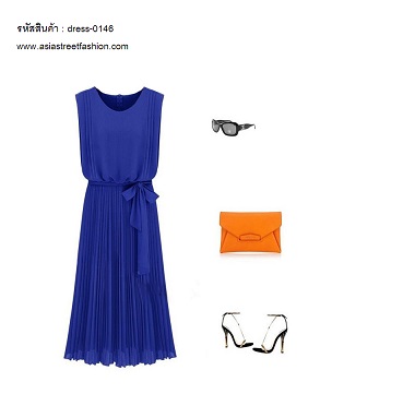 พร้อมส่ง ชุดเดรสยาวแขนกุด สีน้ำเงิน ผ้าชีฟอง กระโปรงอัดพลีท รูปที่ 3