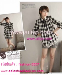 พร้อมส่ง เสื้อเชิ้ตแฟชั่น คอปก แขนยาว ลายสก็อต ขาว-ดำ รูปที่ 5