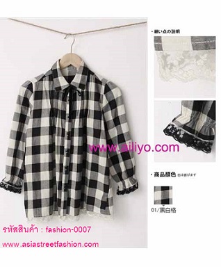 พร้อมส่ง เสื้อเชิ้ตแฟชั่น คอปก แขนยาว ลายสก็อต ขาว-ดำ รูปที่ 3