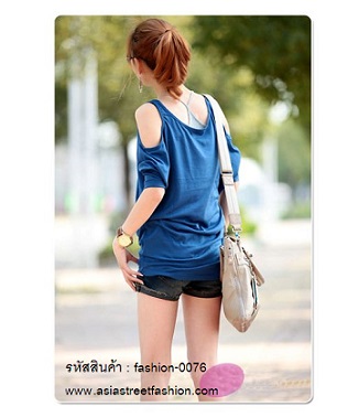 พร้อมส่ง T-Shirt เสื้อยืดแฟชั่นคอกลม แขนค้างคาว สีน้ำเงิน รูปที่ 3