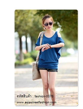 พร้อมส่ง T-Shirt เสื้อยืดแฟชั่นคอกลม แขนค้างคาว สีน้ำเงิน รูปที่ 5
