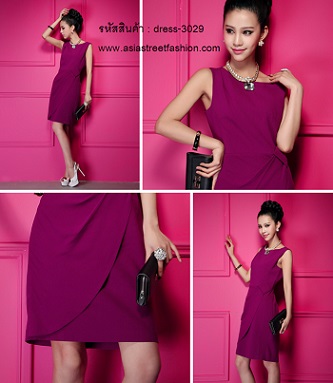 พร้อมส่ง ชุดเดรสทํางาน แฟชั่น สีม่วง แขนกุด ออกงานได้ สวยๆ รูปที่ 3